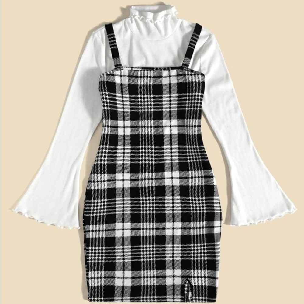 Sleeve Lettuce Trim Top& Plaid Print Cami Dress - Picture 1 of 7